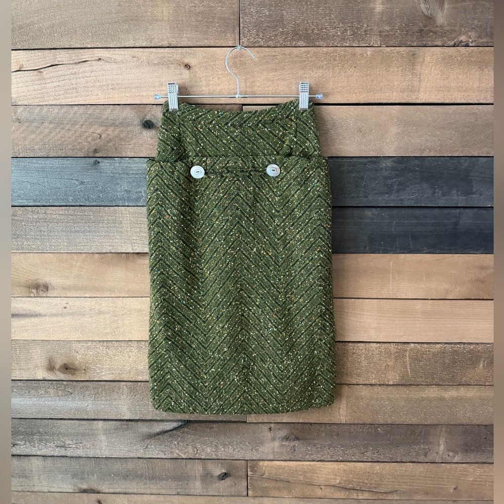 Vintage Olive Tweed Skirt Rainbow Fleck Chevron Wool Midi XS 60s 70s